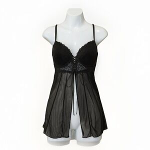Jezebel Black‎ Sexy Goth Teddy With Lace Up Bow Sheer Adjustable Straps Sz Large